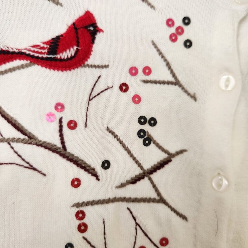 Embroidered Cardinal Sequins Cardigan Sweater Cream Red Grandma Winter Holiday - Picture 5 of 13